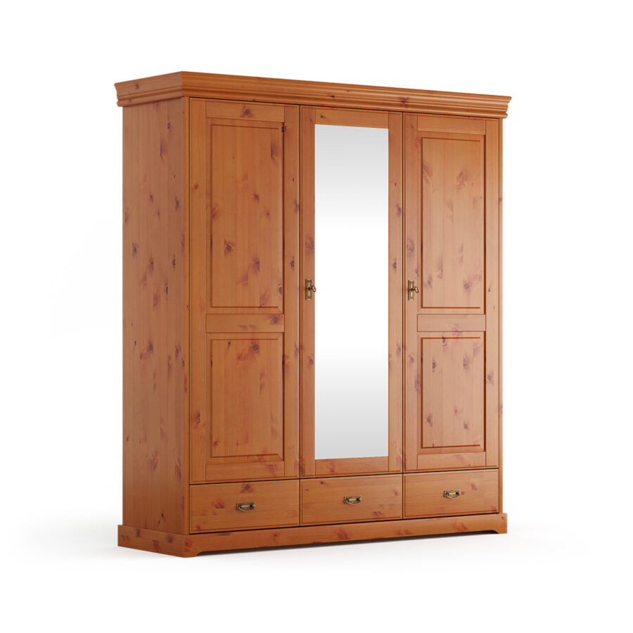 szafa-drewniana-3-drzwiowa-z-lustrem-klasyczna-z-litego-drewna-sosny-finskiej-bejcowana-w-miodowym-odcieniu